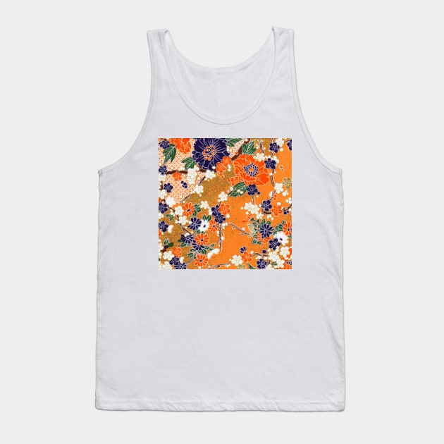 ORANGE BLUE WHITE SPRING FLOWERS IN GOLD YELLOW Antique Japanese Floral Tank Top by BulganLumini